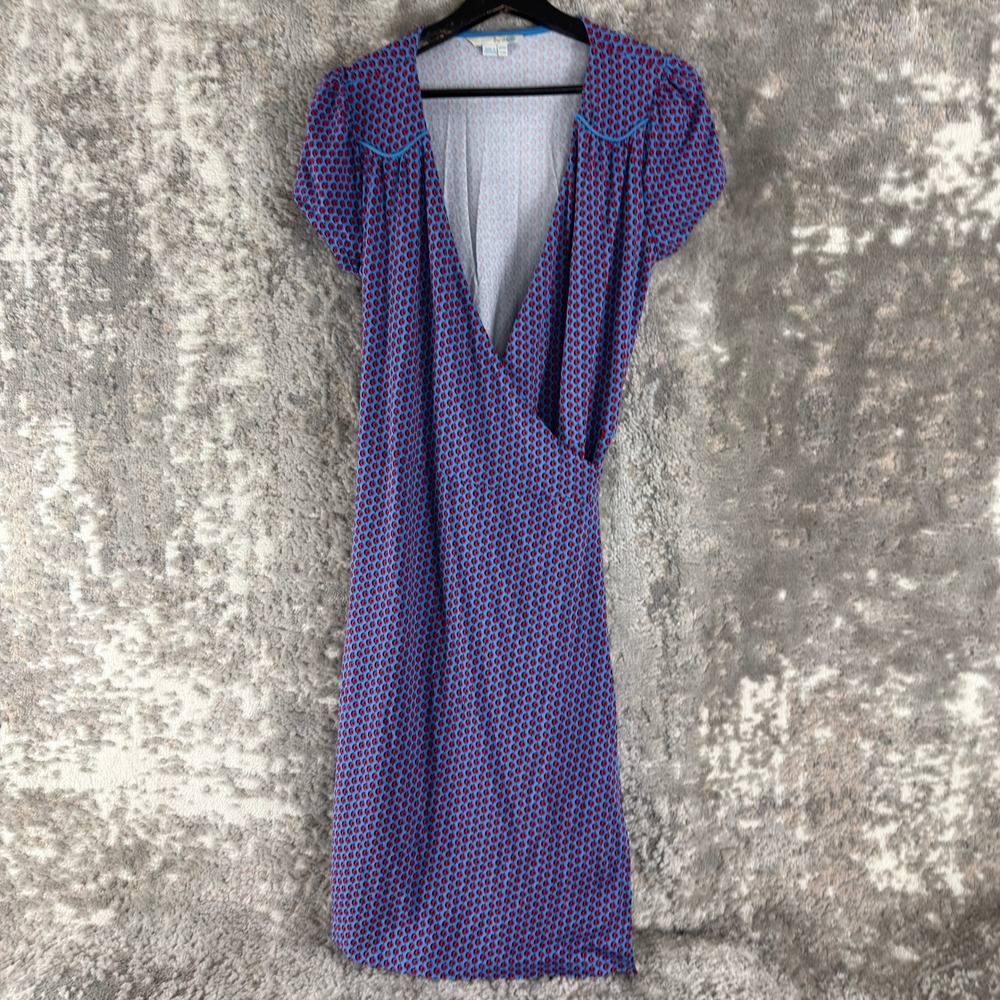 Boden Size 10 Faux Wrap Apple Print Jersey Dress Blue Short Sleeve Women